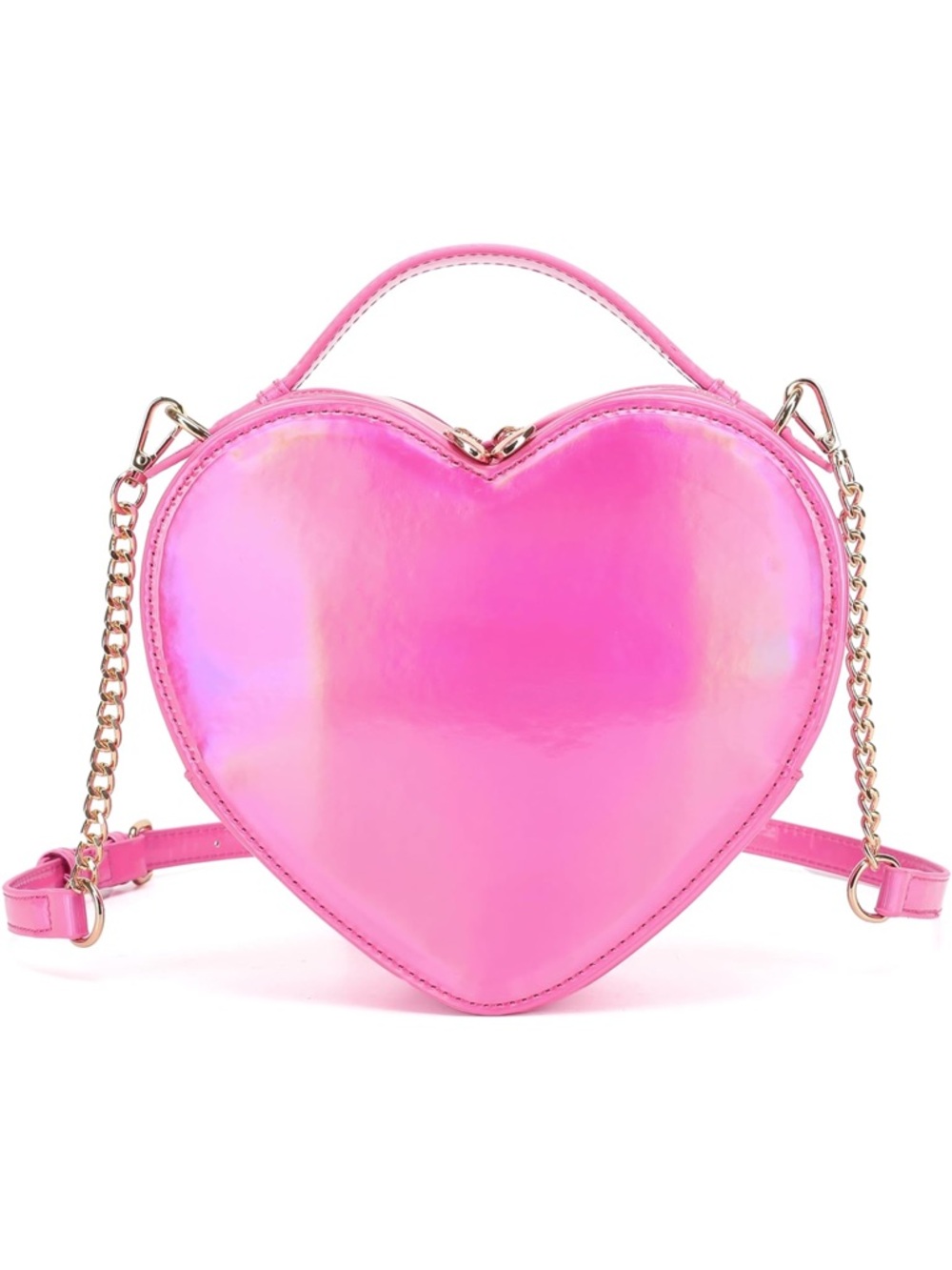 Iridescent Pink Heart Crossbody Bag with Gold Chain
